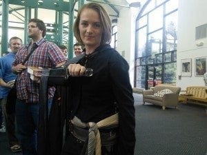 Mistborn with glass dagger at Orem Library book signing.