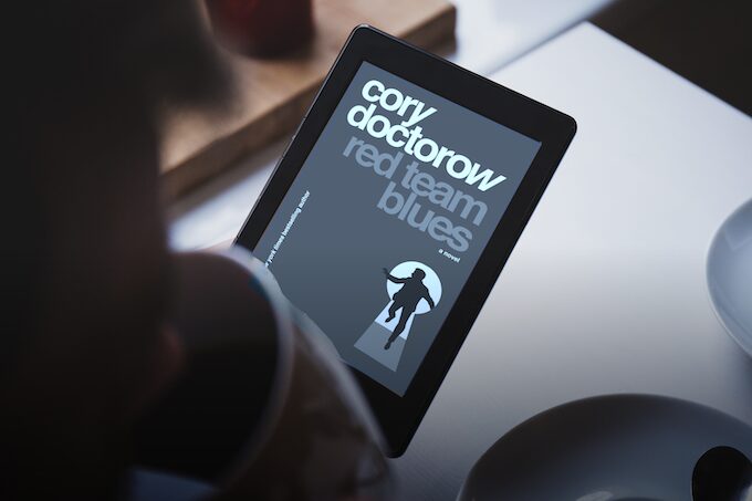 Image of a tablet with the book cover Red Team Blues by Cory Doctorow